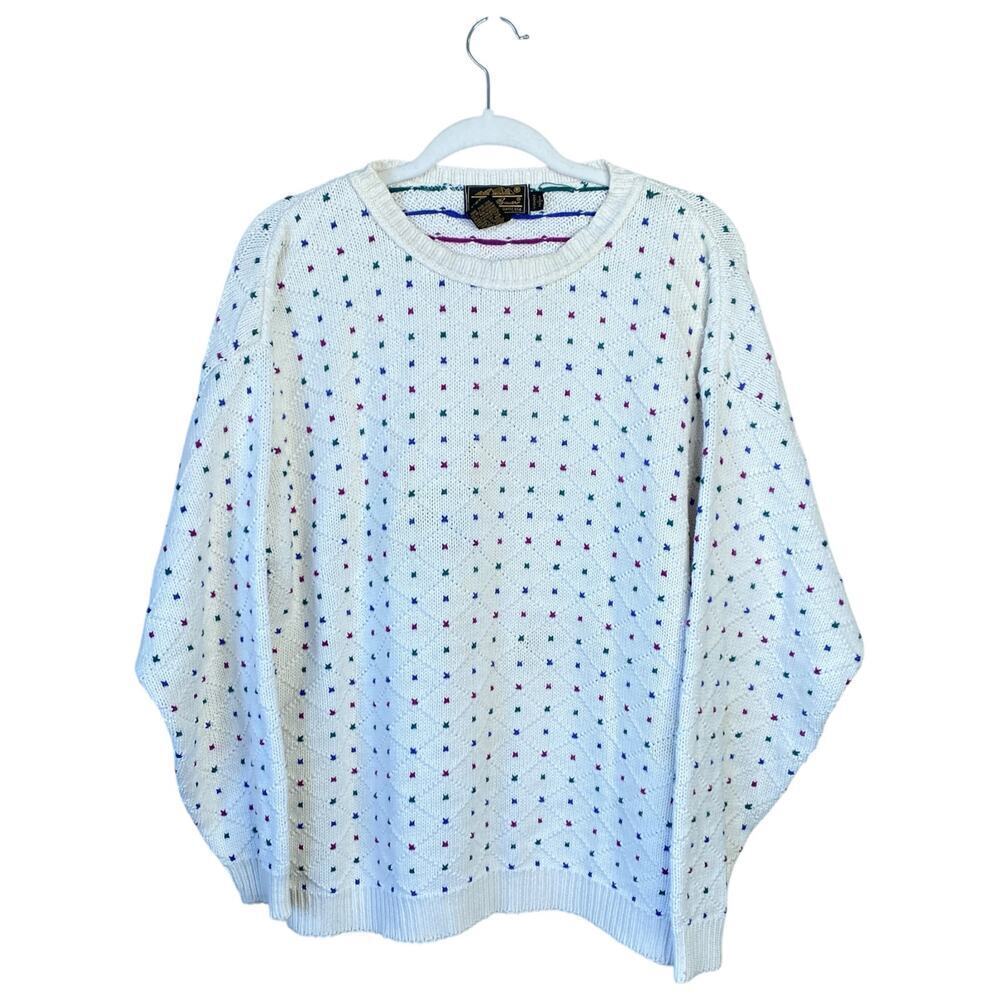Vintage 1980s Eddie Bauer Sweater Polka Dot Cream Multi Color Women's Large